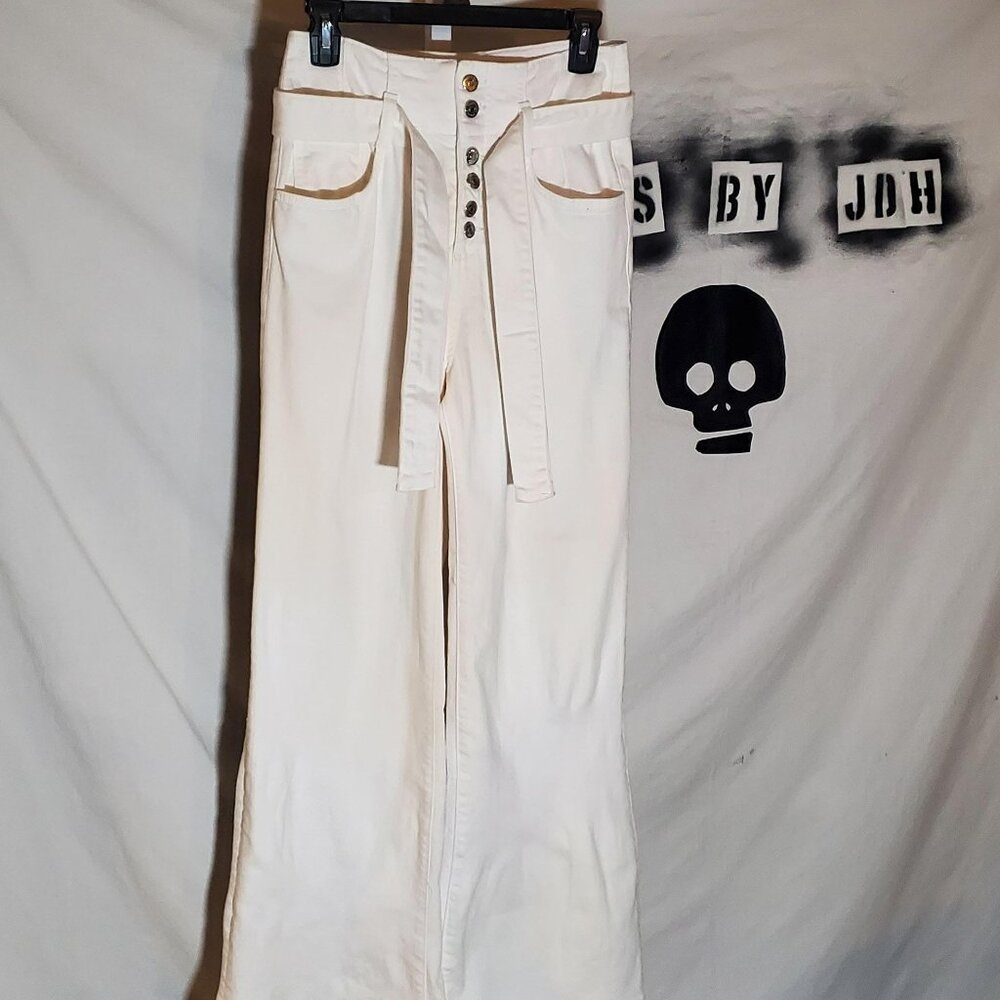 Veronica Beard Cream Wide Leg Flare Jeans with Tie Waist